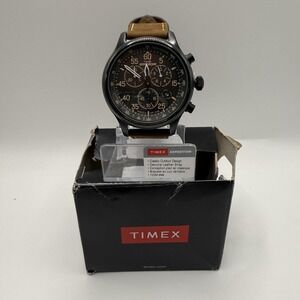 Timex Expedition Chronograph Mens Watch 43mm Black Dial Brown Leather T49905